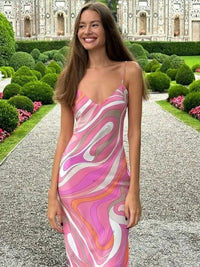 Damen Maxikleid mit Spaghettiträgern und V-Kragen mit Muster in Rosa