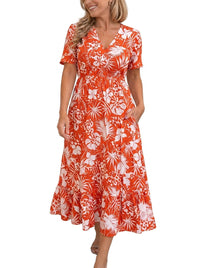 Damen Midikleid mit Blumenmuster und V-Ausschnitt in Orange