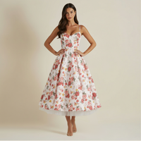Damen Midikleid mit Korsettoberteil und schmalen Trägern in Weiß / Floral