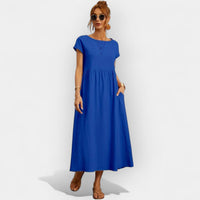 Damen-Midikleid mit kurzen Ärmeln und Seitentaschen in Blau
