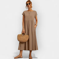 Damen-Midikleid mit kurzen Ärmeln und Seitentaschen in Braun