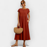 Damen-Midikleid mit kurzen Ärmeln und Seitentaschen in Terrakotta