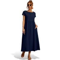 Damen-Midikleid mit kurzen Ärmeln und Seitentaschen in Marineblau