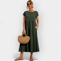 Damen-Midikleid mit kurzen Ärmeln und Seitentaschen in Grün