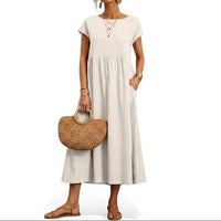 Damen-Midikleid mit kurzen Ärmeln und Seitentaschen in Weiß