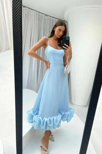 Damen-Midikleid mit Spaghettiträgern und Rüschensaum in Blau