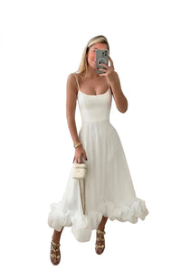 Damen-Midikleid mit Spaghettiträgern und Rüschensaum in Weiß