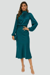 Damen Midikleid mit Stehkragen und langen Ärmeln in Dunkelgrün