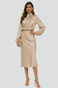 Damen Midikleid mit Stehkragen und langen Ärmeln in Beige