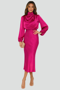 Damen Midikleid mit Stehkragen und langen Ärmeln in Rosa