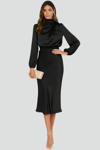 Damen Midikleid mit Stehkragen und langen Ärmeln in Schwarz