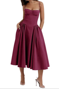 Damen Midikleid mit Trägern und strukturiertem Oberteil in Weinrot