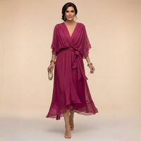 Damen-Midikleid mit V-Ausschnitt und Bindegürtel in Dunkellila