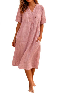 Damen-Midikleid mit V-Ausschnitt und Seitentaschen in Rosa