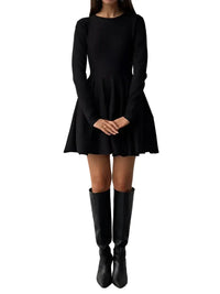 Damen Minikleid mit langen Ärmeln, Rundhalsausschnitt und ausgestelltem Rock in Schwarz