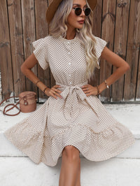 Damen-Minikleid mit Punkten und Stufenrock in Beige