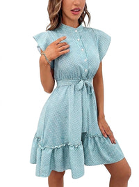 Damen-Minikleid mit Punkten und Stufenrock in Himmelblau