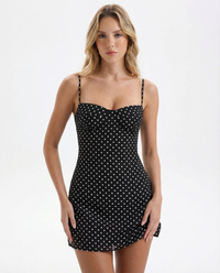 Damen Minikleid mit Punktmuster und schmalen Trägern in Schwarz