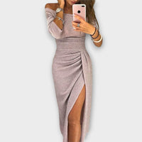 Nora | Damen Off-Shoulder Cocktail Party Dress figurbetontes Midi-Kleid mit Schlitz in Helllila
