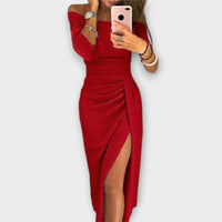 Nora | Damen Off-Shoulder Cocktail Party Dress figurbetontes Midi-Kleid mit Schlitz in Rot