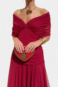 Greta | Damen Off-Shoulder Cocktailparty-Kleid figurbetontes Maxi-Abendkleid in Rot