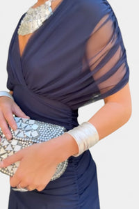 Greta | Damen Off-Shoulder Cocktailparty-Kleid figurbetontes Maxi-Abendkleid in Blau