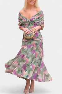 Greta | Damen Off-Shoulder Cocktailparty-Kleid figurbetontes Maxi-Abendkleid in Mehrfarbig