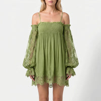 Damen Off-Shoulder Minikleid mit Spitzenärmeln in Grün