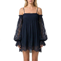 Damen Off-Shoulder Minikleid mit Spitzenärmeln in Navyblau