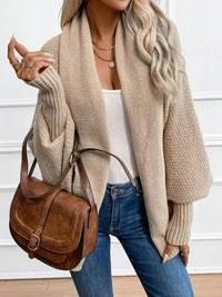 Damen Offene Strickjacke mit Schalkragen Fledermausärmeln und Gerippten Bündchen in Khaki