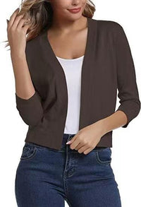 Katharina | Damen Offener Kurzjacken-Cardigan mit 3/4-Ärmeln in Braun
