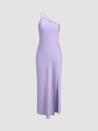 Damen One-Shoulder Satin-Maxikleid mit Schlitz in Lila