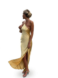 Damen One-Shoulder Satin-Maxikleid mit Schlitz in Gelb