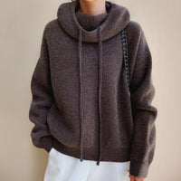 Elfriede | Damen Oversize Strick-Turtleneck Sweater mit Kapuze und Kordelzug in Braun