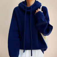 Elfriede | Damen Oversize Strick-Turtleneck Sweater mit Kapuze und Kordelzug in Blau