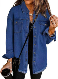 Charlotte | Damen Oversized Jeansjacke Langarm mit Knopfleiste und Fransen in Dunkelblau