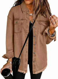 Charlotte | Damen Oversized Jeansjacke Langarm mit Knopfleiste und Fransen in Braun
