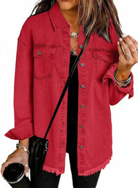 Charlotte | Damen Oversized Jeansjacke Langarm mit Knopfleiste und Fransen in Rot