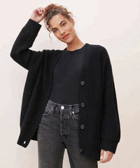 Lena | Damen Oversized Kaschmir V-Ausschnitt Cardigan in Schwarz