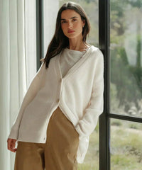 Lena | Damen Oversized Kaschmir V-Ausschnitt Cardigan in Weiß