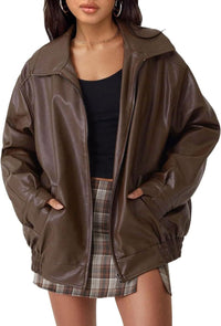 Lena | Damen Oversized Kunstleder Bomber Lederjacke mit Reißverschluss in Dunkelbraun