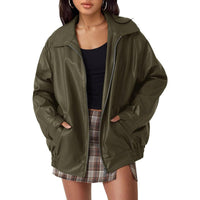 Lena | Damen Oversized Kunstleder Bomber Lederjacke mit Reißverschluss in Olivgrün