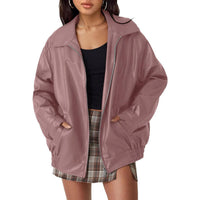 Lena | Damen Oversized Kunstleder Bomber Lederjacke mit Reißverschluss in Einheitsfarbe