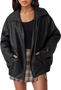 Lena | Damen Oversized Kunstleder Bomber Lederjacke mit Reißverschluss in Schwarz