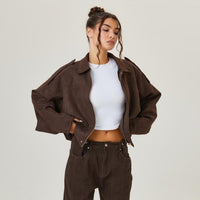 Emilia | Damen Oversized Kurzgeschnittene Kunstwildleder Bomberjacke in Braun