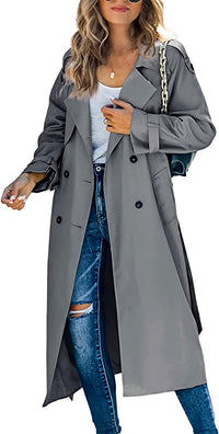 Sophie | Damen Oversized Trench Coat mit Bindegürtel Doppelreiher in Grau