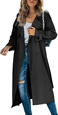 Sophie | Damen Oversized Trench Coat mit Bindegürtel Doppelreiher in Schwarz