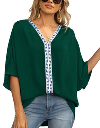 Luisa | Damen Oversized Tunika V-Ausschnitt Geometrisches Stickerei-Oberteil in Dunkelgrün