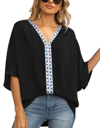 Luisa | Damen Oversized Tunika V-Ausschnitt Geometrisches Stickerei-Oberteil in Schwarz