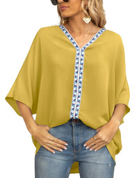 Luisa | Damen Oversized Tunika V-Ausschnitt Geometrisches Stickerei-Oberteil in Blume